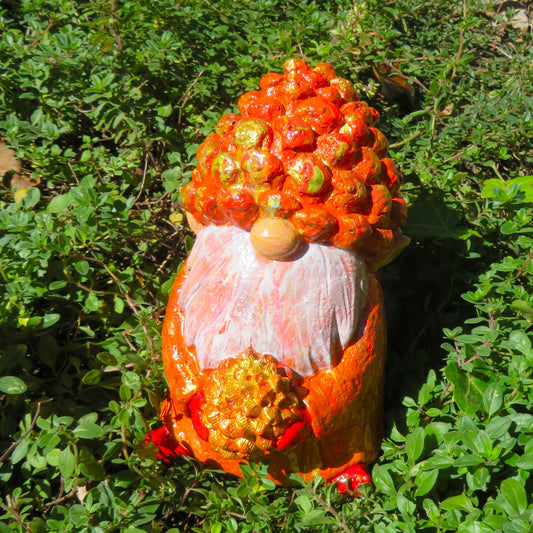 Handmade Fall Gnome Decoration with Pinecone Hat, Pour Painted Cement Garden Decor, Customizable Gift in Seasonal Colors