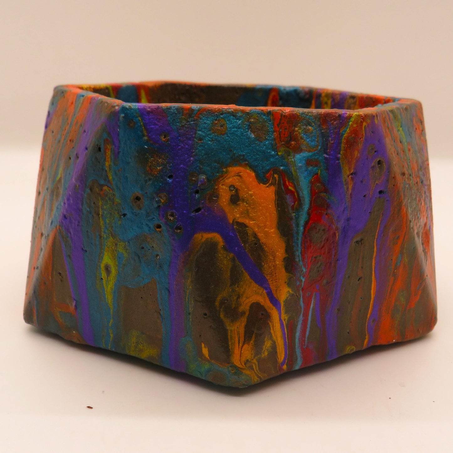 Handmade Hexagon Cement Dish - Candle Holder, Jewelry Box, Succulent Planter with Pour Paint Finish