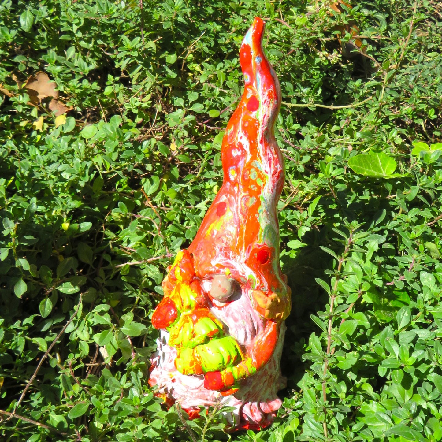 Handmade Holiday Gnome Carrying Tree - Acrylic Pour Painted Cement Gnome with Translucent Beard and Pointed Hat