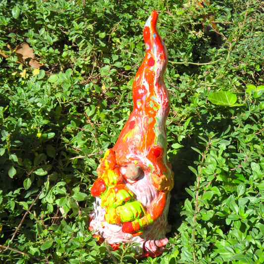 Handmade Holiday Gnome Carrying Tree - Acrylic Pour Painted Cement Gnome with Translucent Beard and Pointed Hat