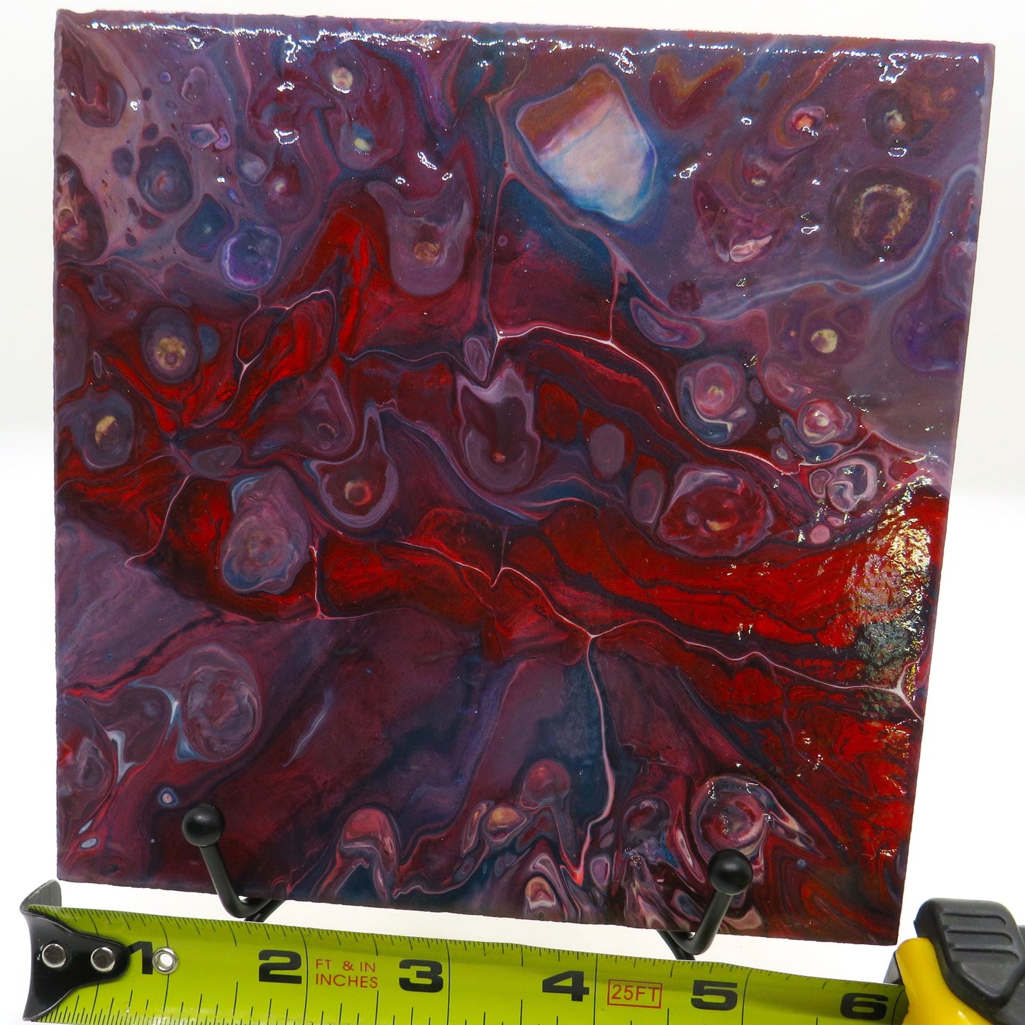 Stunning 6x6 Fluid Art Trivet or Wall Art - Recycled Porcelain Tile with Red, Purple, Blue, White Paint