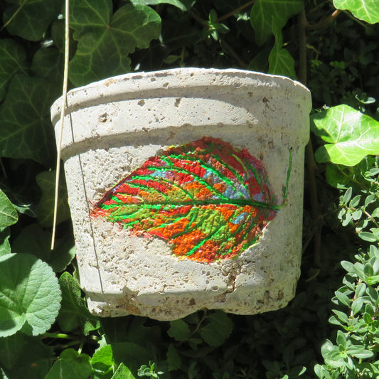 Handmade Hypertufa Pot with Colorful Fall Coleus Leaf Imprints, Indoor and Outdoor Durable Decor