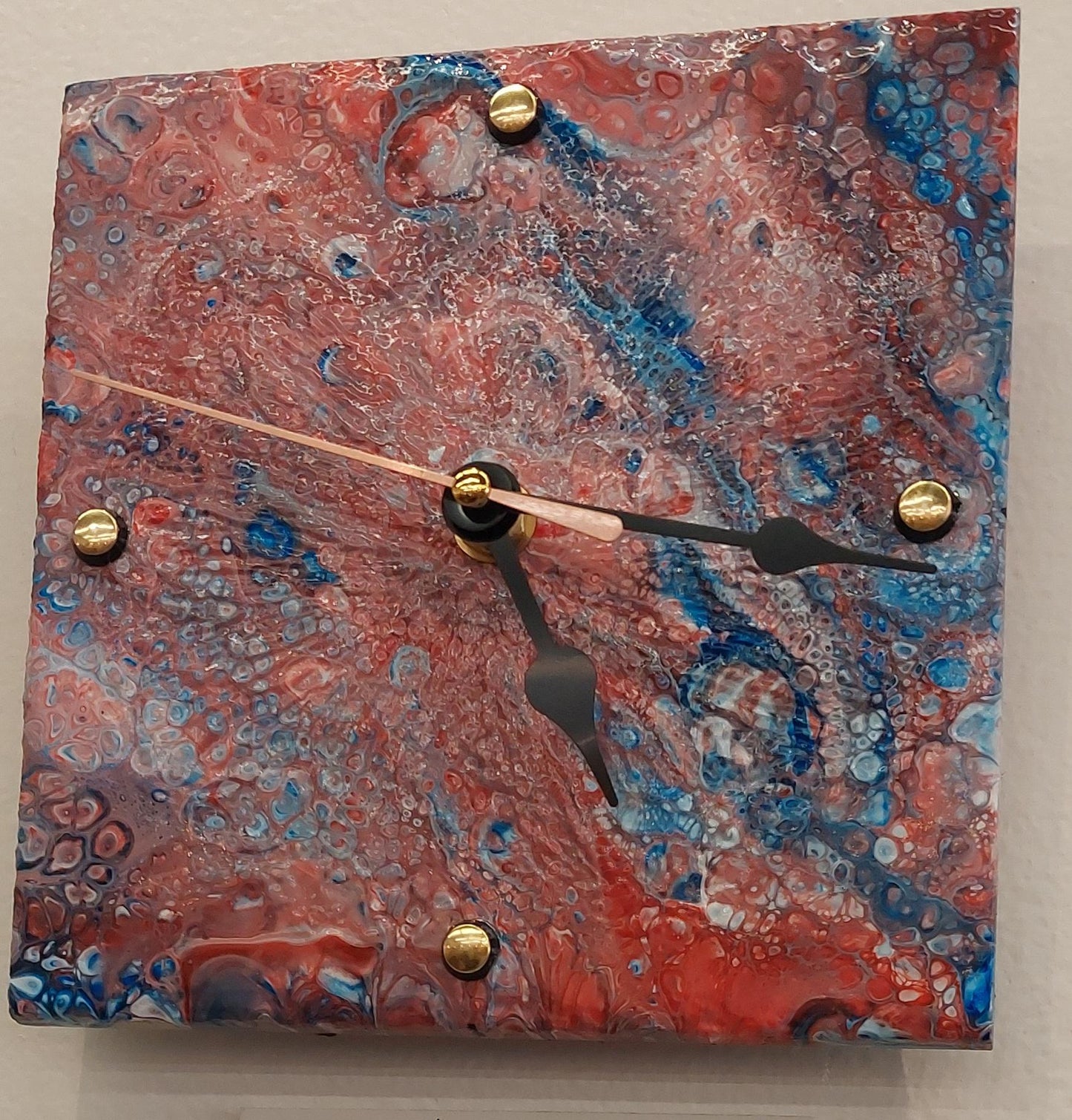 Patriotic Bubbles 6 Inch Pour Paint Clock - Recycled Tile Art, Red White Blue Decor