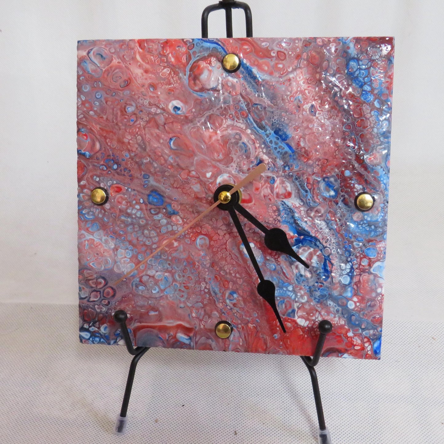 Patriotic Bubbles 6 Inch Pour Paint Clock - Recycled Tile Art, Red White Blue Decor