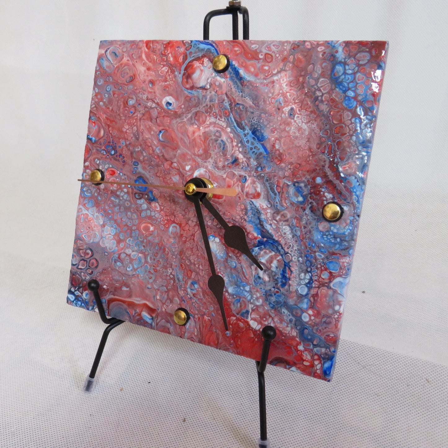 Patriotic Bubbles 6 Inch Pour Paint Clock - Recycled Tile Art, Red White Blue Decor