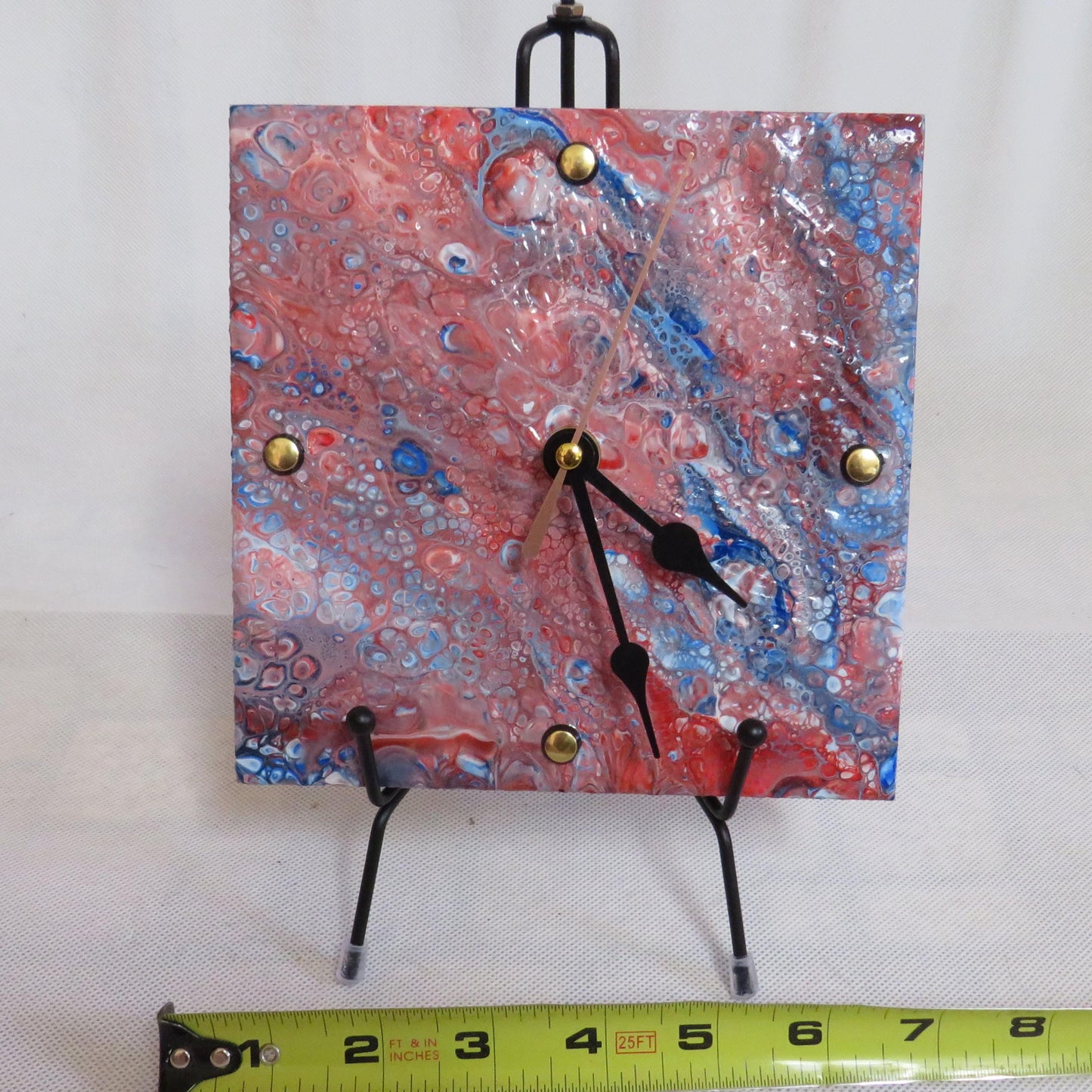 Patriotic Bubbles 6 Inch Pour Paint Clock - Recycled Tile Art, Red White Blue Decor