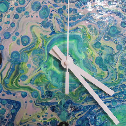 Spring-Inspired Acrylic Pour Clock on Recycled Tile, Unique Home Office Decor, 8x8 Size with Iridescent Neon Colors