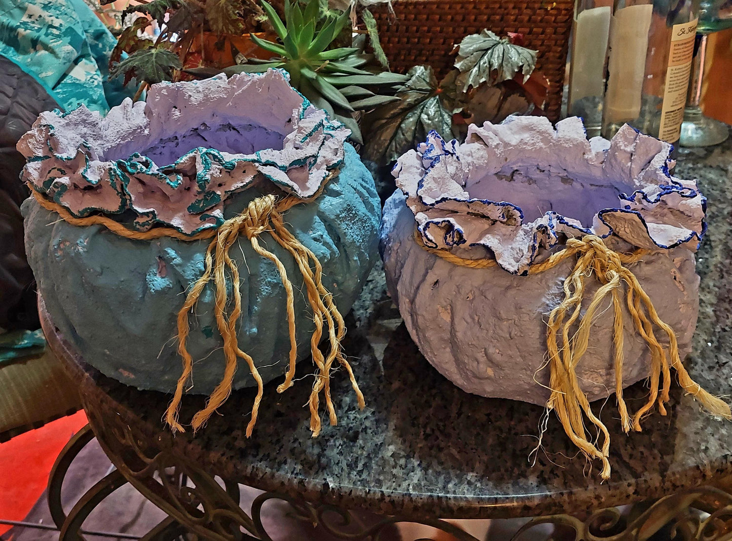 Handmade Large Cement Drip Pot Planter - Turquoise Purple Highlight Rustic Decor - Durable Unique Pot with Drainage Hole