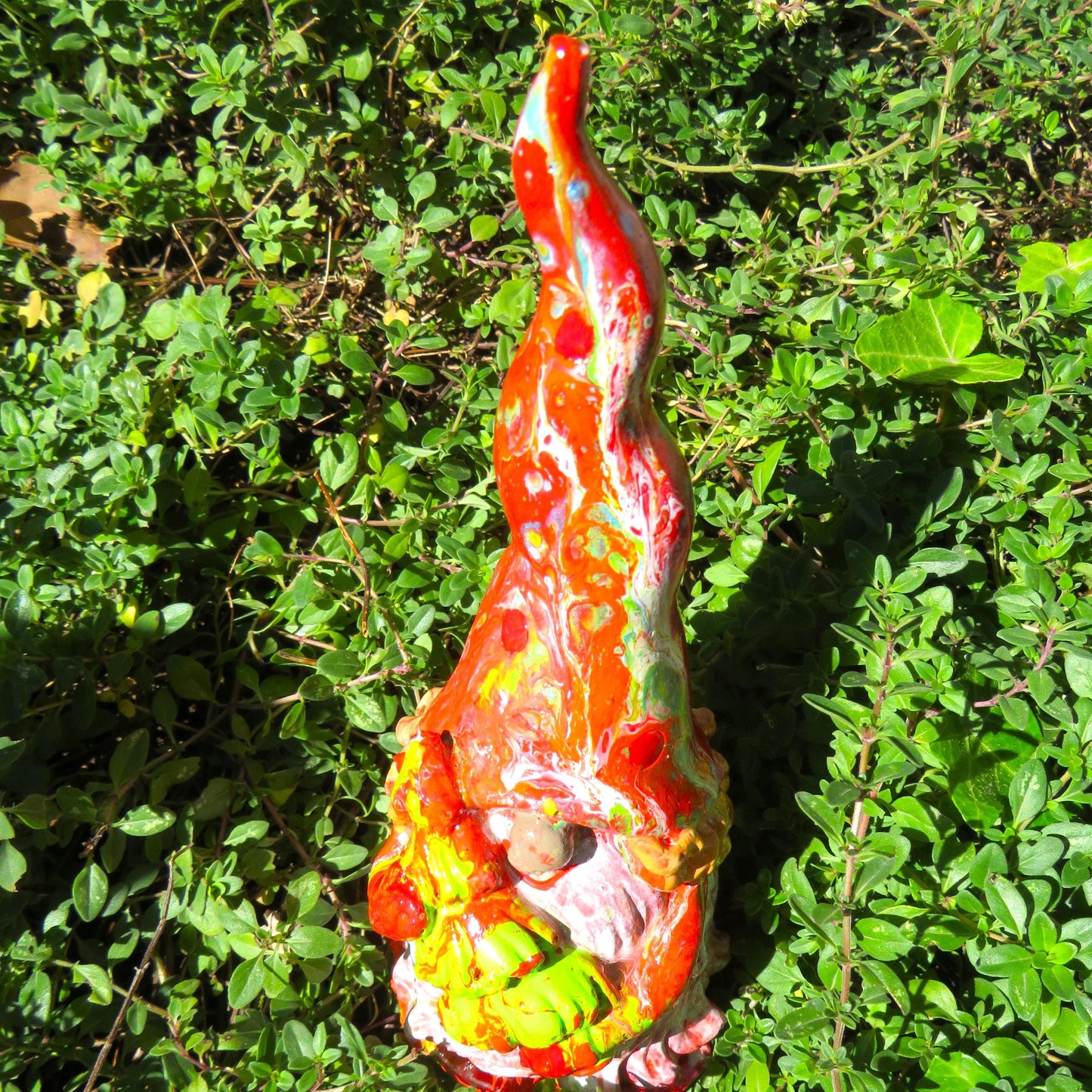 Handmade Holiday Gnome Carrying Tree - Acrylic Pour Painted Cement Gnome with Translucent Beard and Pointed Hat