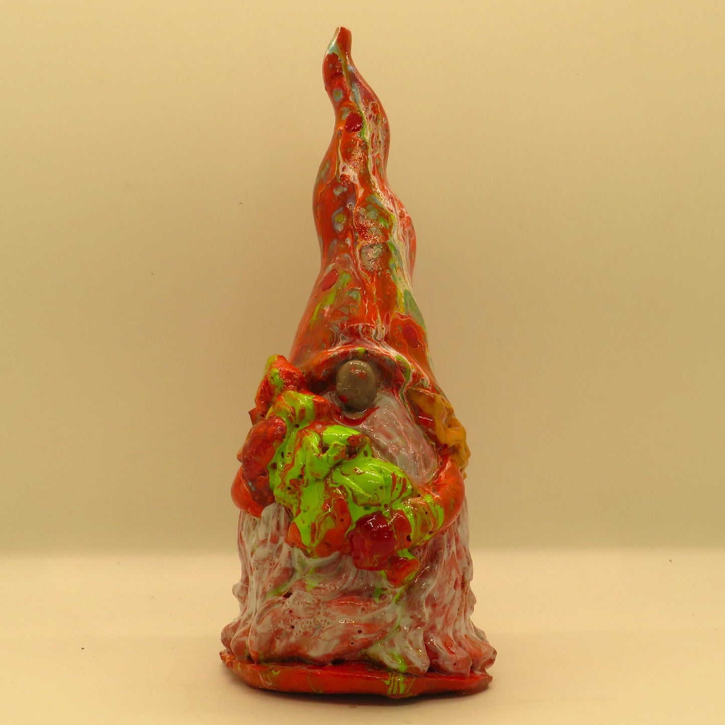 Handmade Holiday Gnome Carrying Tree - Acrylic Pour Painted Cement Gnome with Translucent Beard and Pointed Hat