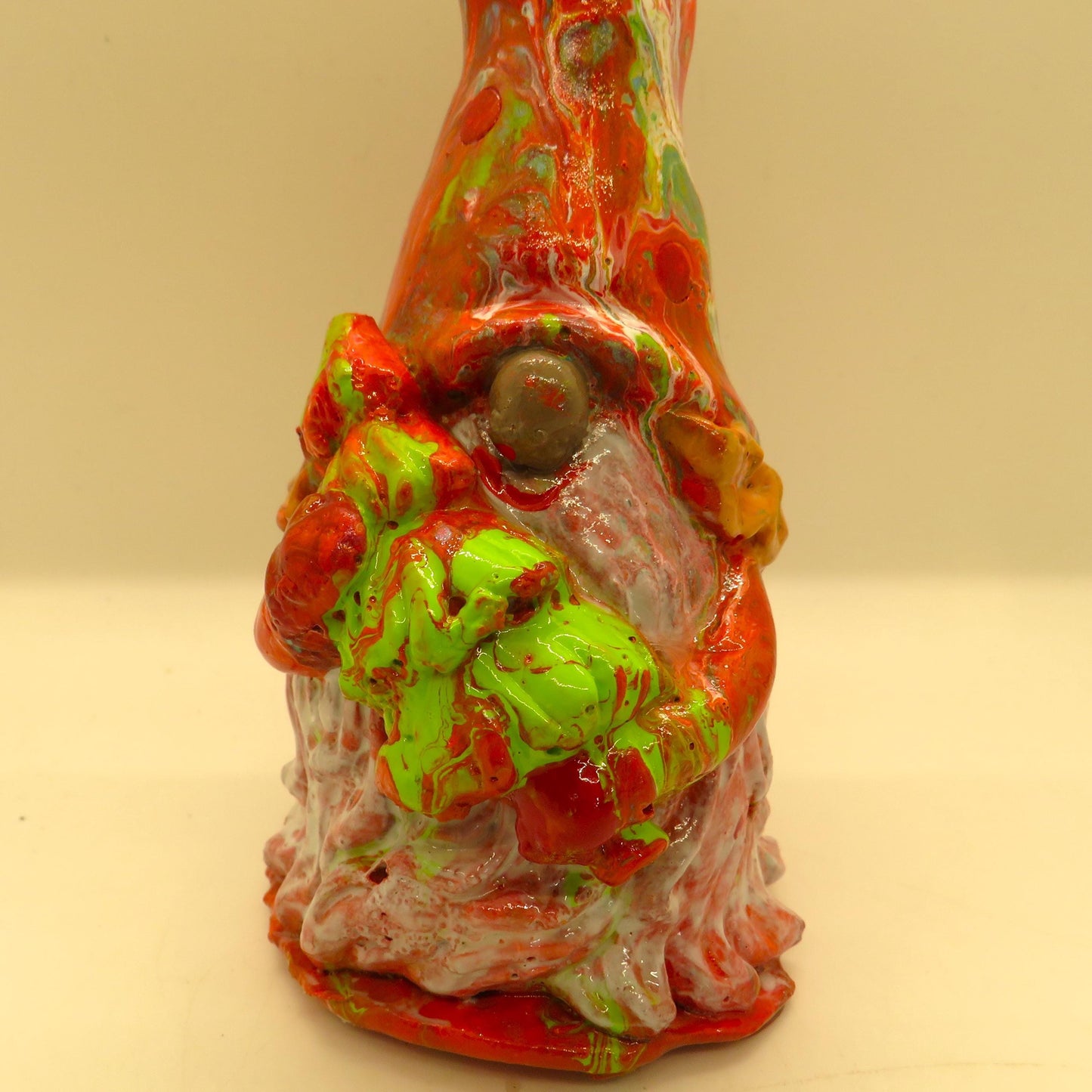 Handmade Holiday Gnome Carrying Tree - Acrylic Pour Painted Cement Gnome with Translucent Beard and Pointed Hat