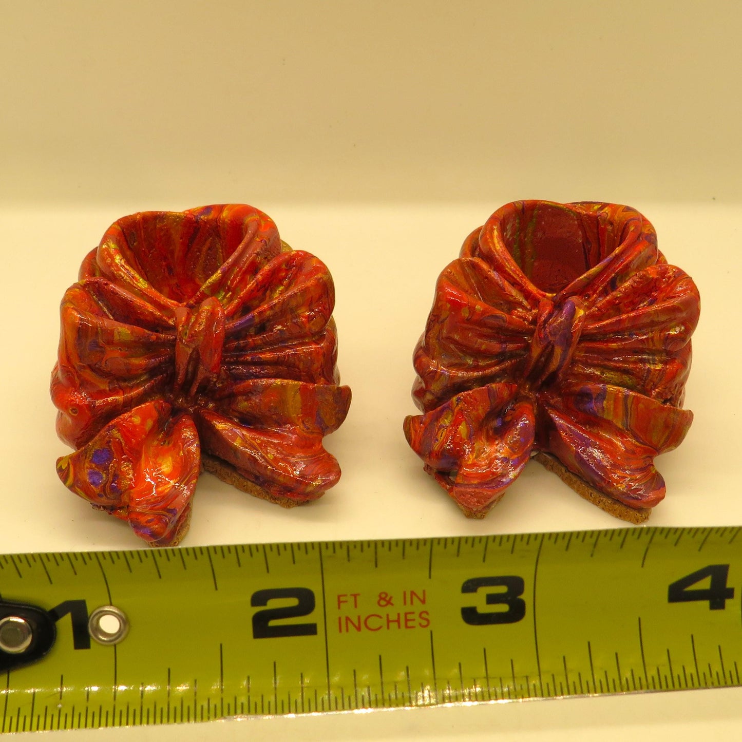 Handmade Multicolor Bow Taper Candle Holders, Unique Cement Holiday Decor, Set of 2