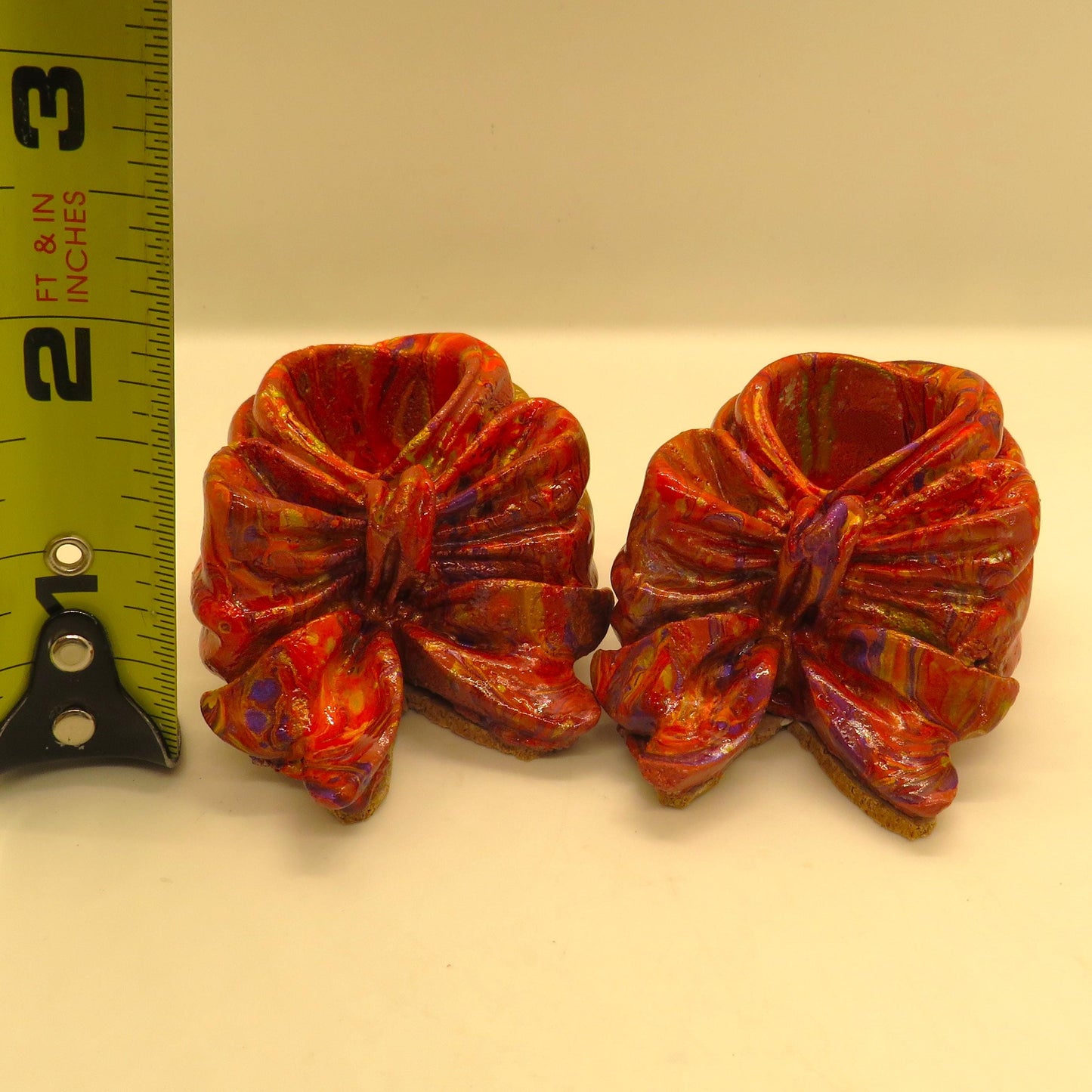 Handmade Multicolor Bow Taper Candle Holders, Unique Cement Holiday Decor, Set of 2