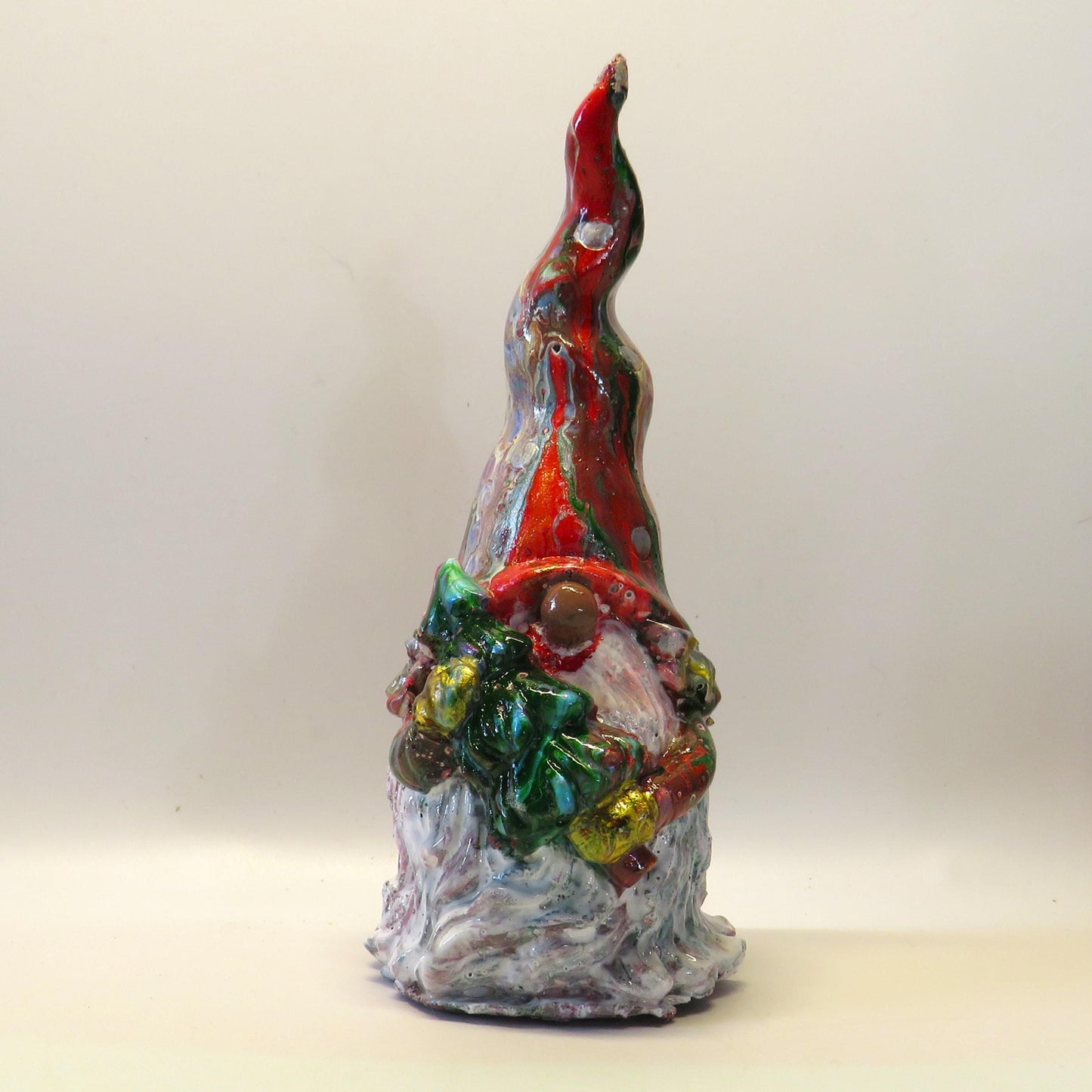 Handmade Holiday Gnome Carrying Tree - Acrylic Pour Painted Cement Gnome with Translucent Beard and Pointed Hat