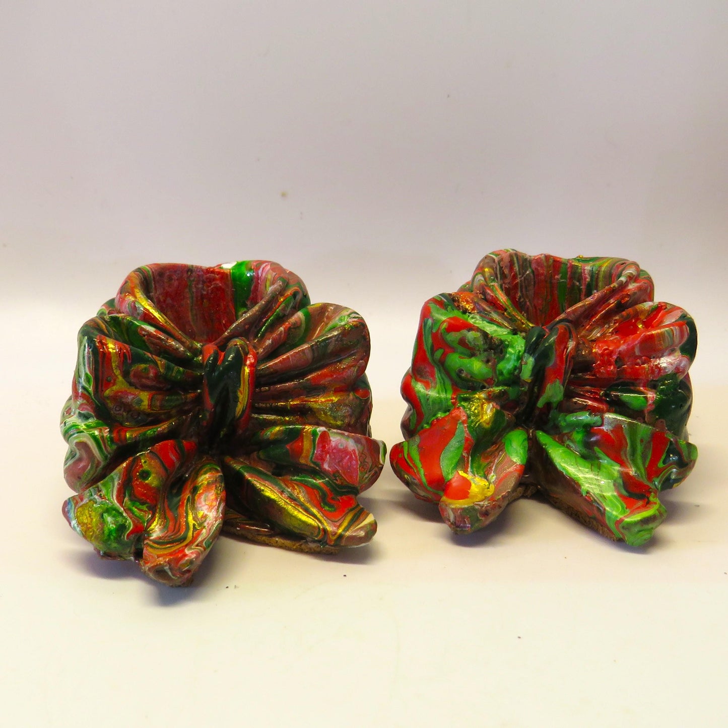 Handmade Multicolor Bow Taper Candle Holders, Unique Cement Holiday Decor, Set of 2