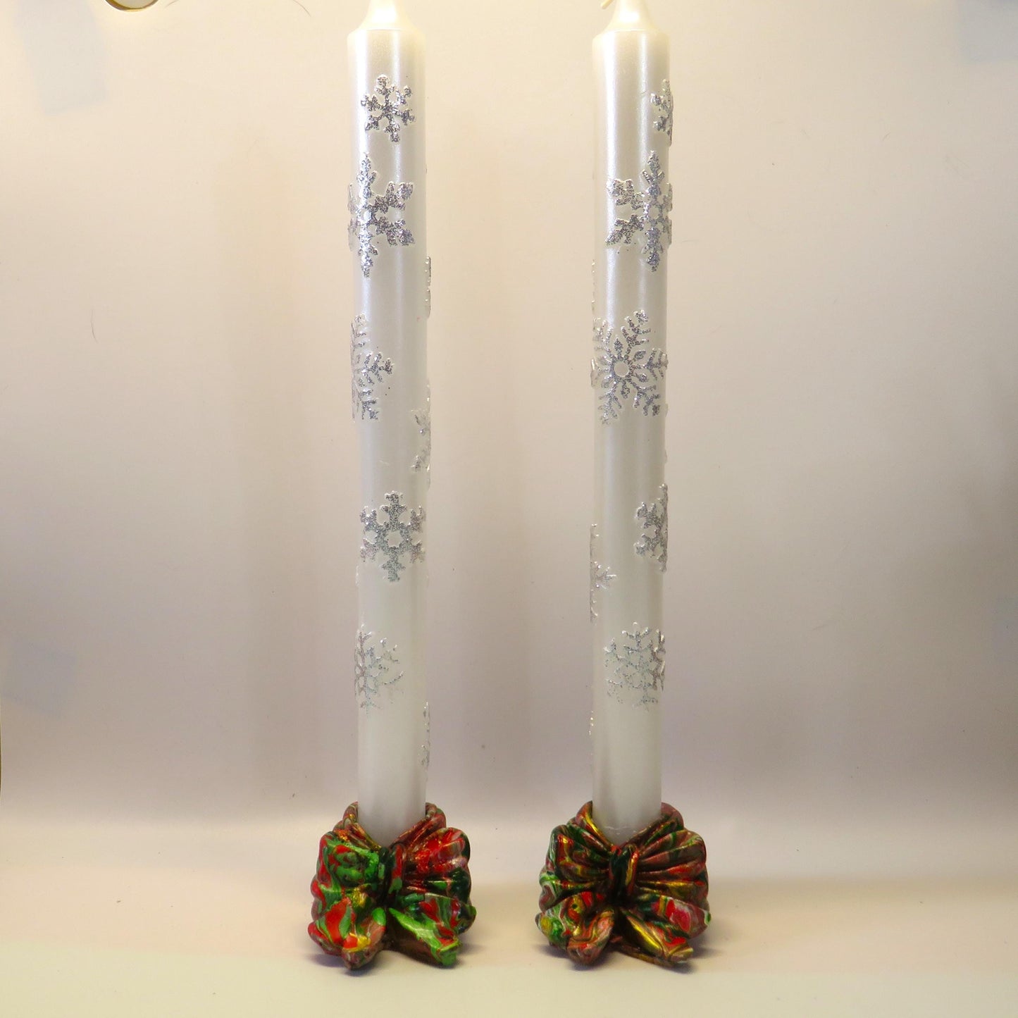 Handmade Multicolor Bow Taper Candle Holders, Unique Cement Holiday Decor, Set of 2